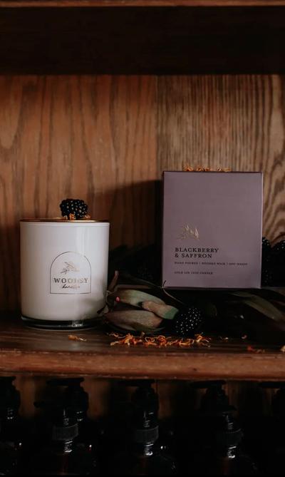 Hand Poured | Wooden Wick | Soy-Based  Gold Lid Boutique Box  Candle | 12 OZ. |  “Blackberry & Saffron” 