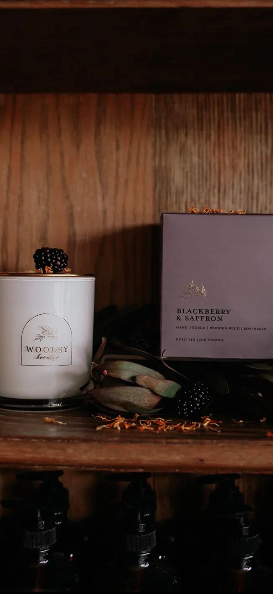 Hand Poured | Wooden Wick | Soy-Based  Gold Lid Boutique Box  Candle   Blackberry & Saffron 