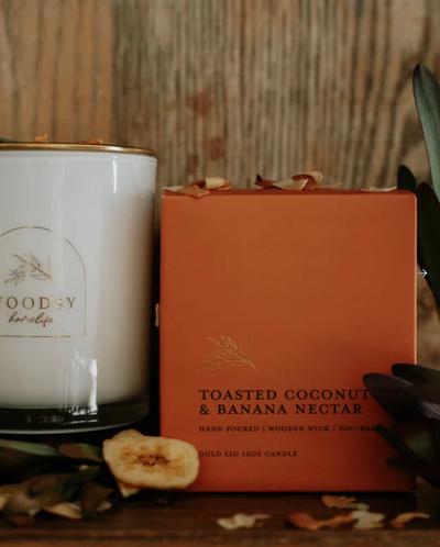 Hand Poured | Wooden Wick | Soy-Based | Gold Lid Boutique Box Candle | 12 OZ. |  “Toasted Coconut & Banana Nectar”