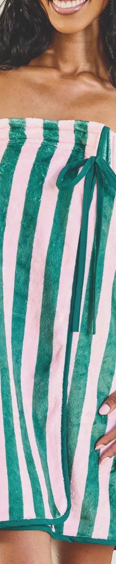 Spa Wrap - Green + Pink Cabana Stripe with Green Bow 