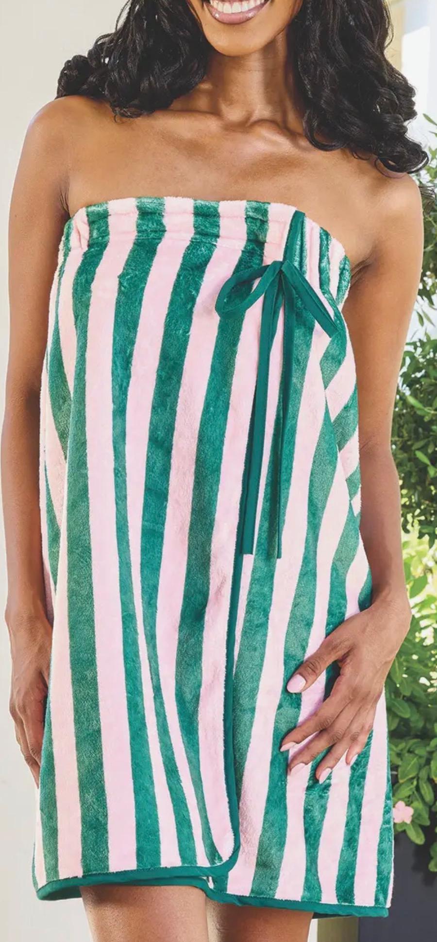 Spa Wrap - Green + Pink Cabana Stripe with Green Bow 