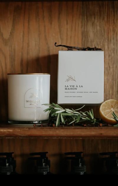 Hand Poured | Wooden Wick | Soy-Based | Gold Lid Boutique Box  Candle | 12 OZ. |     “La Vie A’ La Maison”