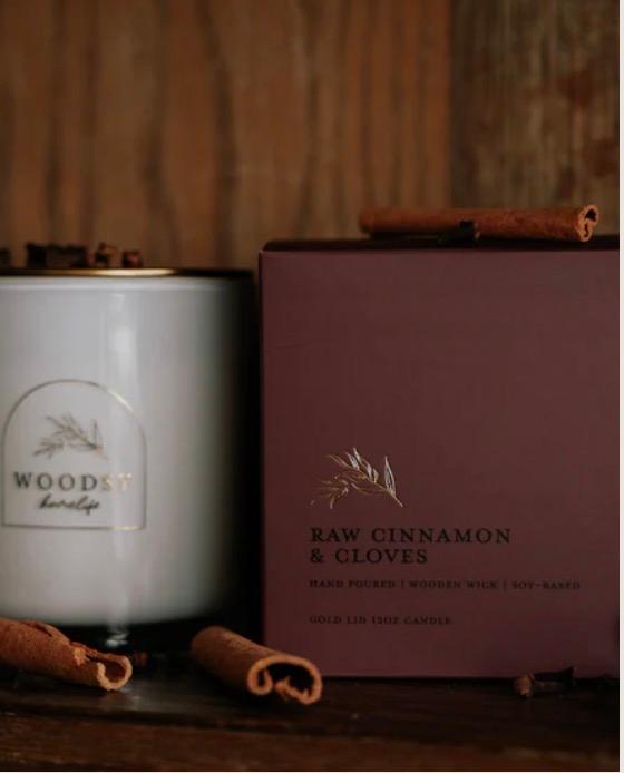 Hand Poured | Wooden Wick | Soy-Based| Gold Lid Boutique Box Candle | Raw Cinnamon & Cloves 