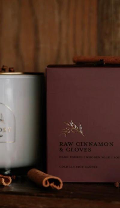Hand Poured | Wooden Wick | Soy-Based| Gold Lid Boutique Box Candle | Raw Cinnamon & Cloves