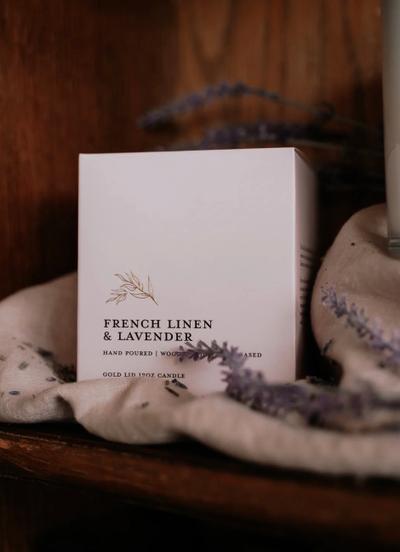 Hand Poured | Wooden Wick | Soy-Based | Gold Lid |  12 OZ. | “French Linens & Lavender” 