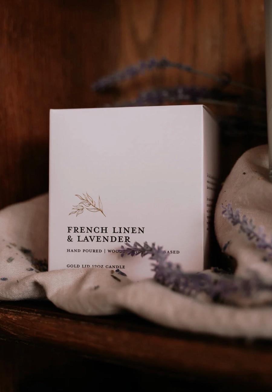 Hand Poured | Wooden Wick | Soy-Based | Gold Lid |  French Linens & Lavender 