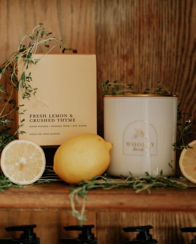 Hand Poured | Wooden Wick | Soy-Based | Gold Lid Boutique Box Candle | 12 OZ. |  “Fresh Lemon & Crushed Thyme”