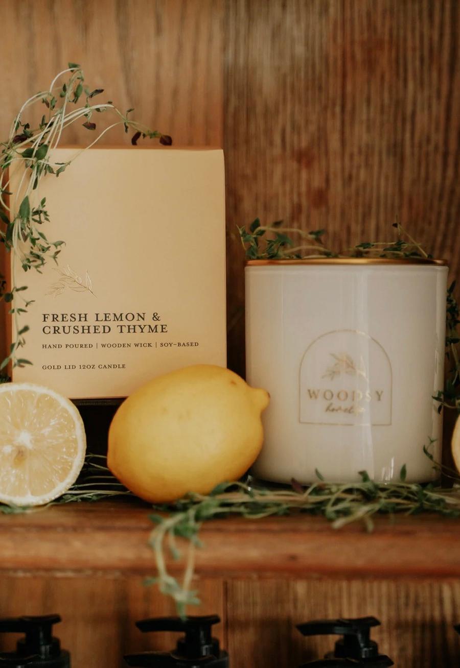 Hand Poured | Wooden Wick | Soy-Based | Gold Lid Boutique Box Candle  Fresh Lemon & Crushed Thyme 