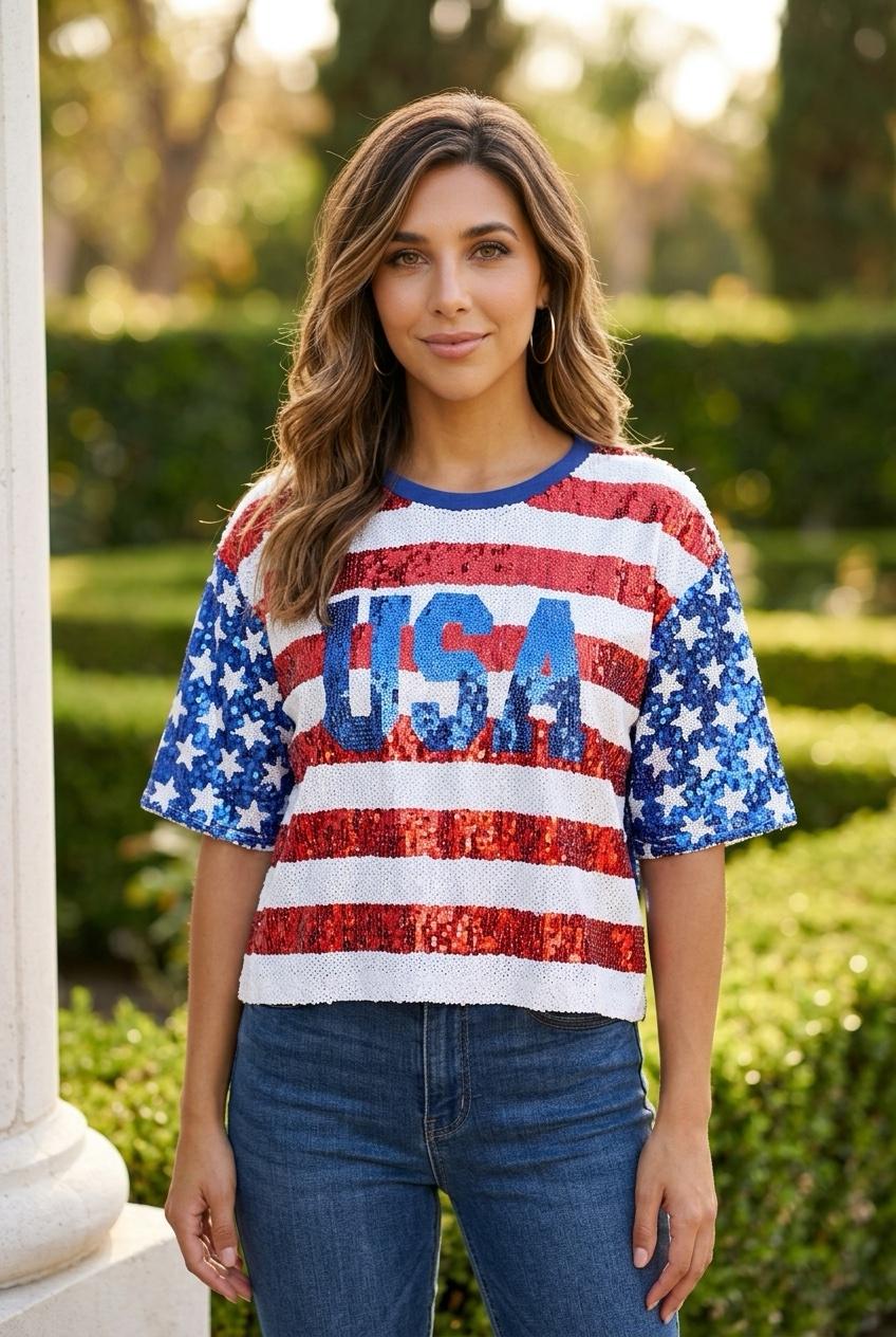 Top | USA | Sequined Red White & Blue | FOURTH OF JULY! 