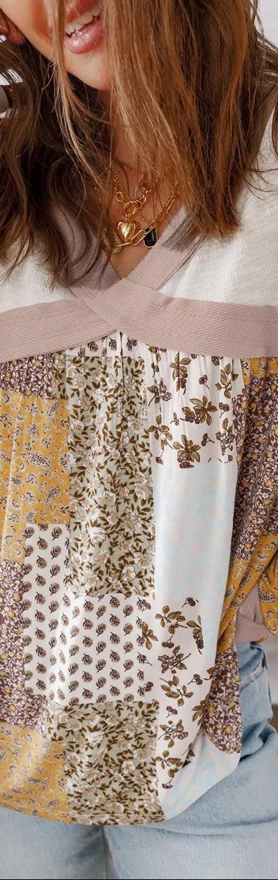 Floral Printed Contrast Patchwork Long Sleeve