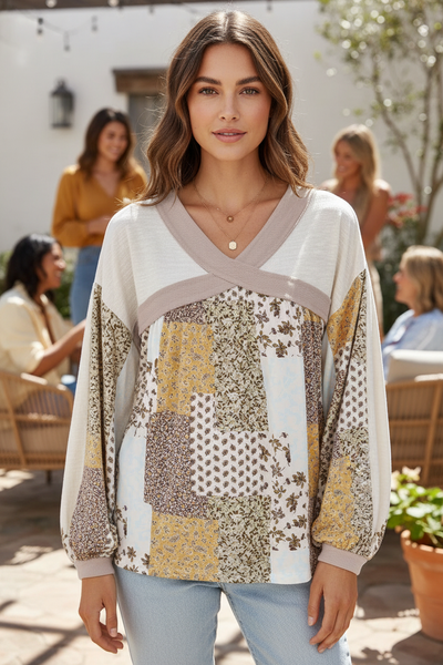 Floral Printed Contrast Patchwork Long Sleeve 