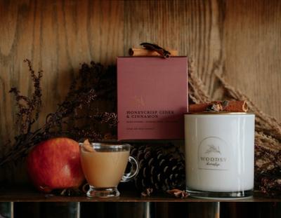 Hand Poured | Wooden Wick | Soy-Based | Gold Lid Boutique Box Candle | 12 OZ. |  “Honey Crisp Cider & Cinnamon” 
