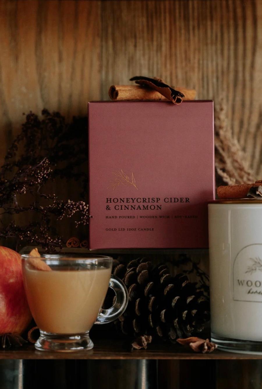 Hand Poured | Wooden Wick | Soy-Based | Gold Lid Boutique Box Candle | Honey Crisp Cider & Cinnamon 
