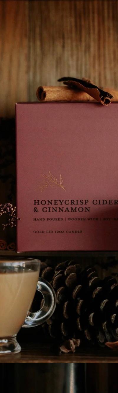Hand Poured | Wooden Wick | Soy-Based | Gold Lid Boutique Box Candle | Honey Crisp Cider & Cinnamon