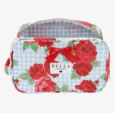 Quilted Cosmetic Bag - Blue Gingham + Red Roses 