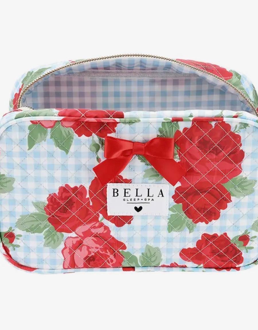 Quilted Cosmetic Bag - Blue Gingham + Red Roses 
