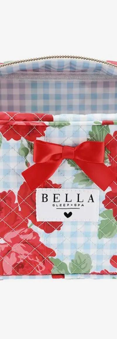 Quilted Cosmetic Bag - Blue Gingham + Red Roses