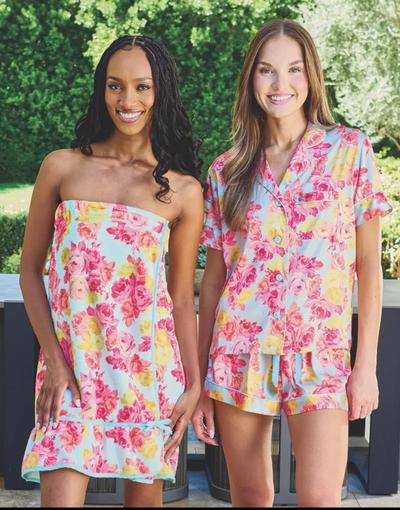 Spa Wrap - Spa Blue + Rose Floral  | One Size Fits Most 