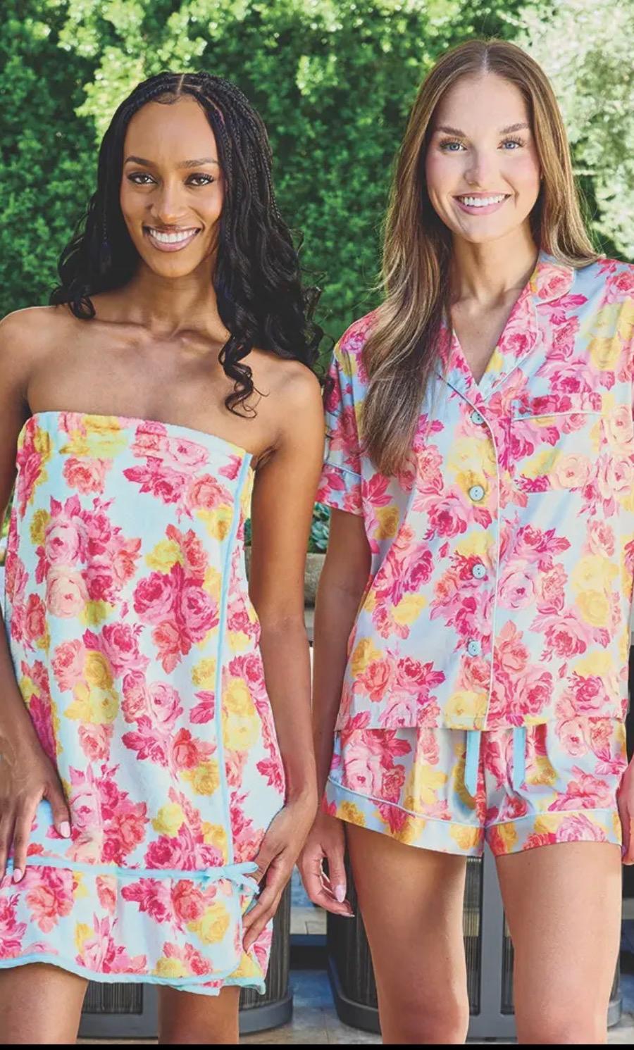 Spa Wrap - Spa Blue + Rose Floral  | One Size Fits Most 
