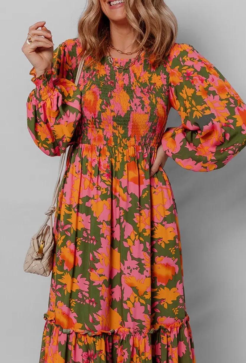 MAXI DRESS| VIBRANT FLORALS|  Floral Puff Sleeve Smocked Bodice Ruffled Long Dress |