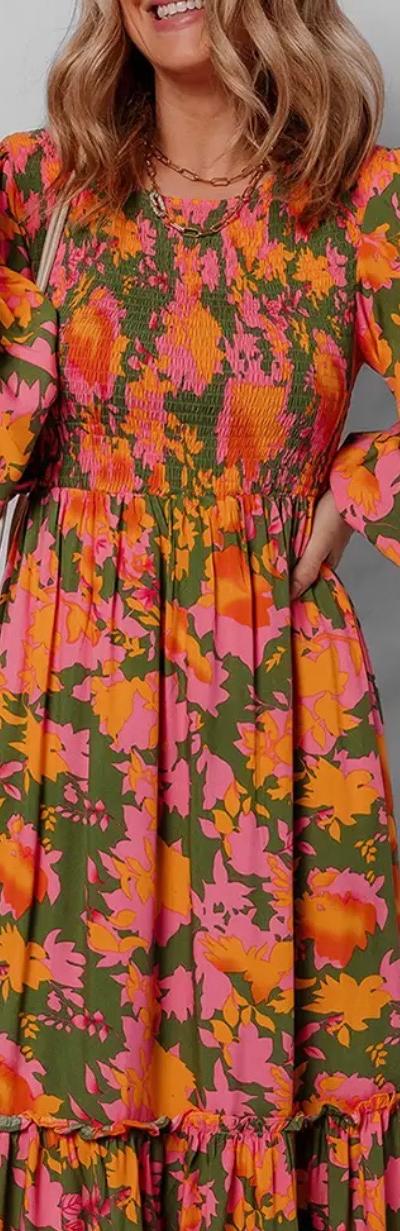 MAXI DRESS| VIBRANT FLORALS| Floral Puff Sleeve Smocked Bodice Ruffled Long Dress |