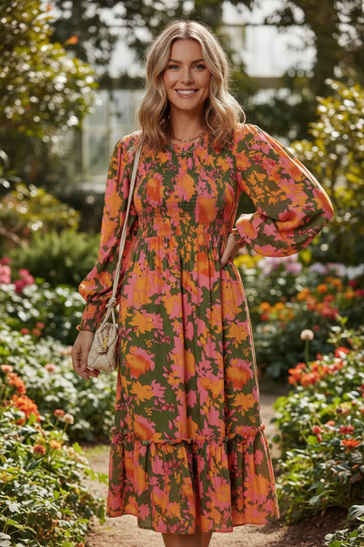 MAXI DRESS| VIBRANT FLORALS|  Floral Puff Sleeve Smocked Bodice Ruffled Long Dress |