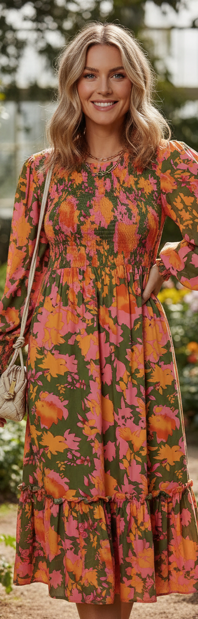 MAXI DRESS| VIBRANT FLORALS| Floral Puff Sleeve Smocked Bodice Ruffled Long Dress |