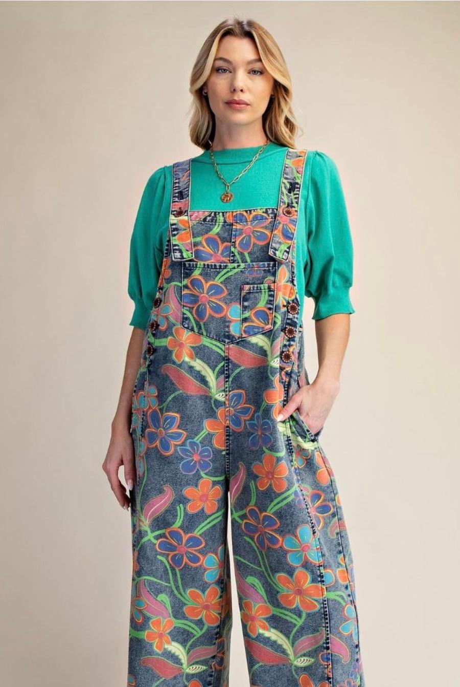 FLORAL PRINTED VINTAGE WASHED OVERALLS