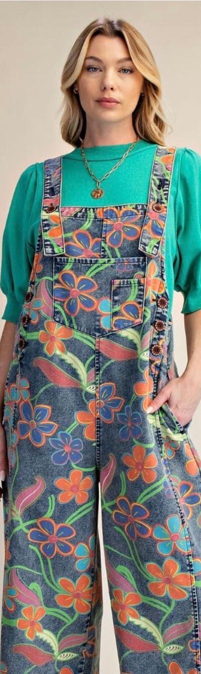 FLORAL PRINTED VINTAGE WASHED OVERALLS