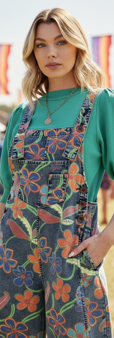 FLORAL PRINTED VINTAGE WASHED OVERALLS