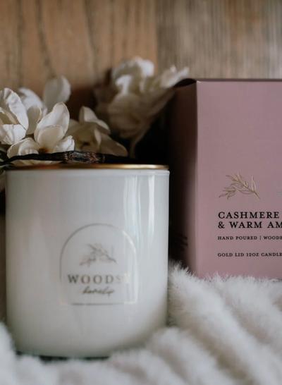 Hand Poured | Wooden Wick | Soy-Based | Gold Lid Candle | 12 OZ. | “Cashmere Vanilla & Warm Amber” 