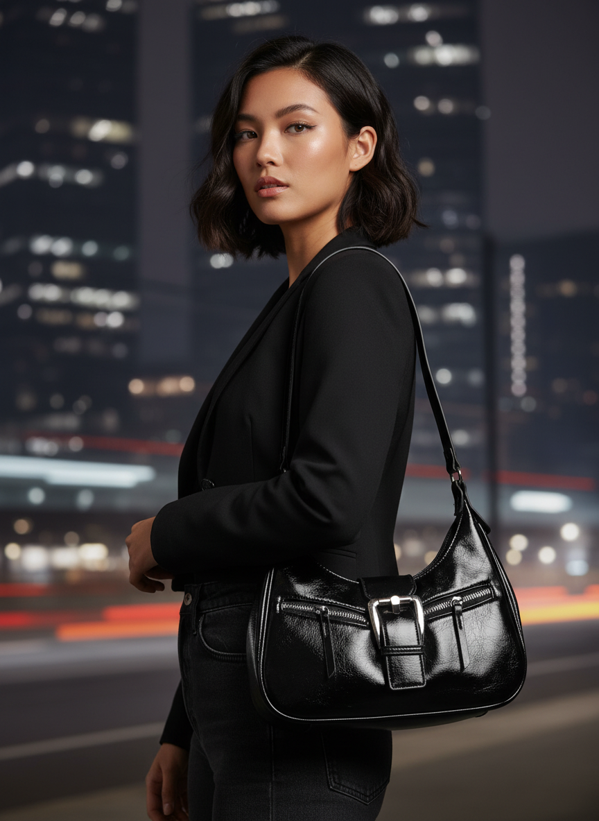 Black Shoulder Bag with Buckle