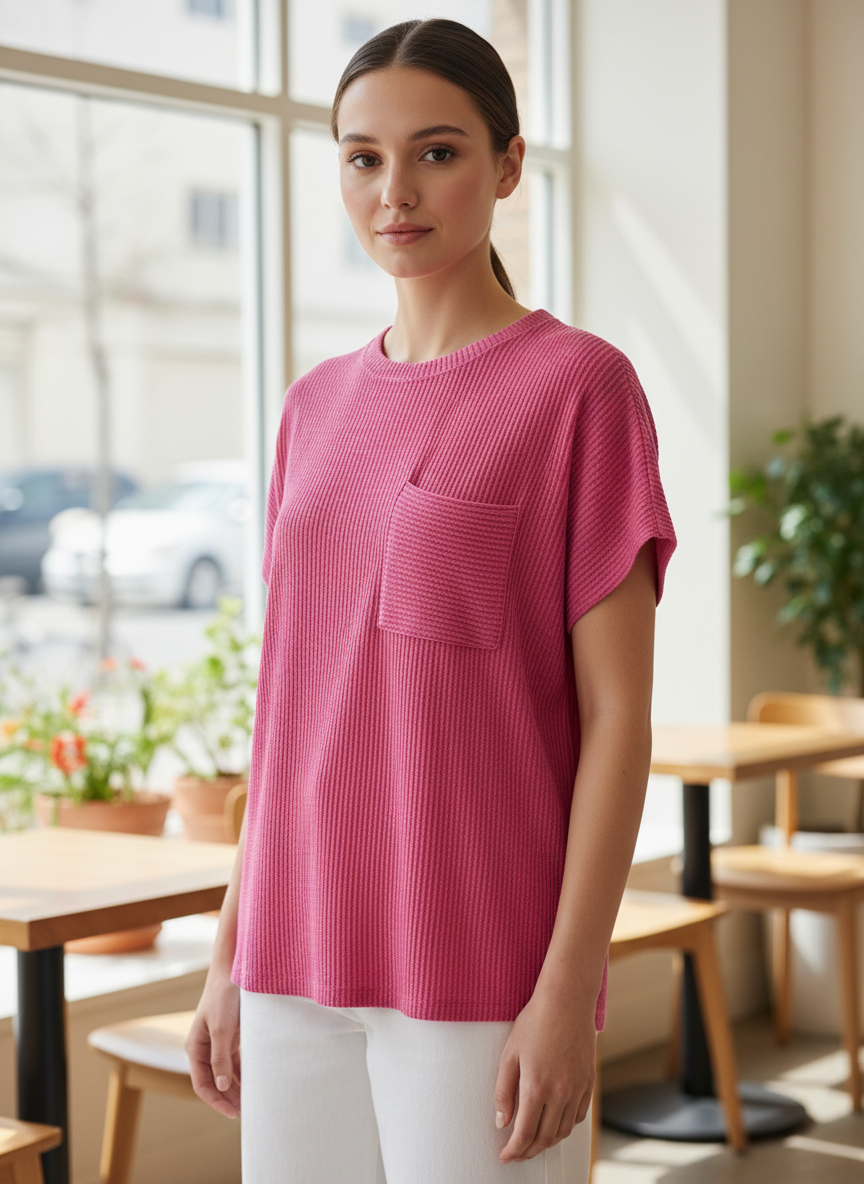 Zenana Ribbed Front Pocket Top