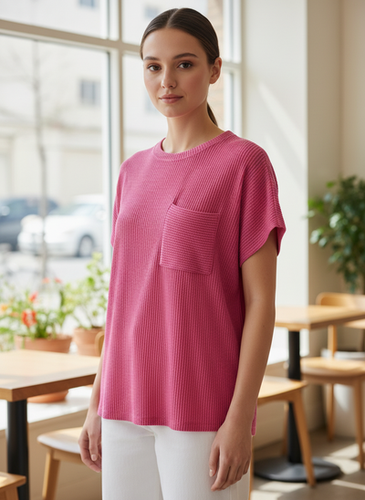 Zenana Ribbed Front Pocket Top