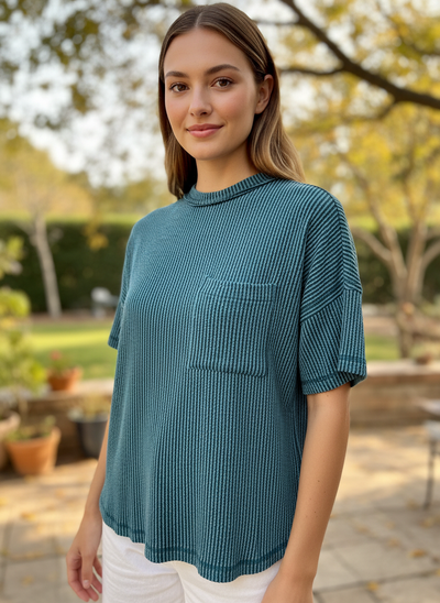 Zenana Ribbed Front Pocket Top