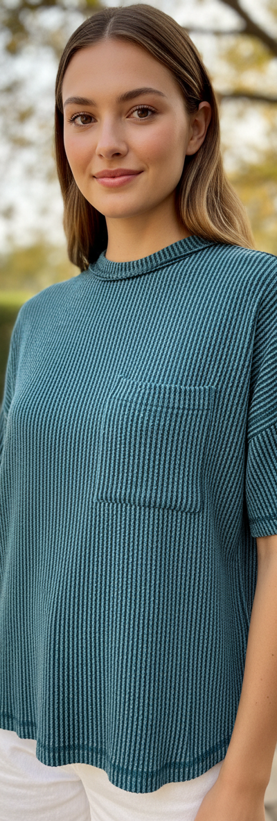 Zenana Ribbed Front Pocket Top