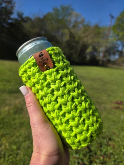 Crochet Skinny Can Cozy in bright citrus 