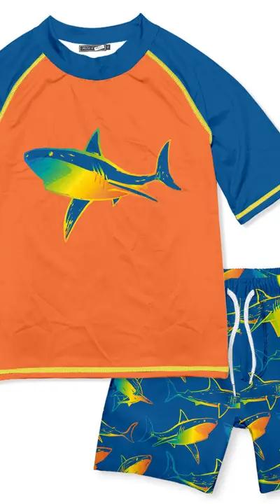 Blue Luminescent Shark Short-Sleeve Rashguard Swim Set