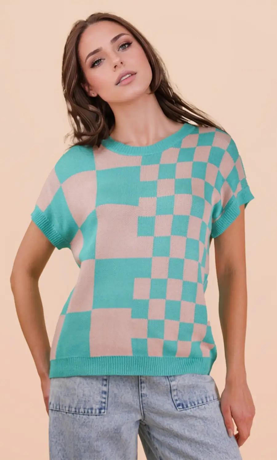 Dolman Sleeve Checkered Knit Casual Sweater Top Green Mix