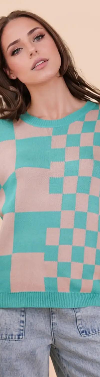 Dolman Sleeve Checkered Knit Casual Sweater Top Green Mix