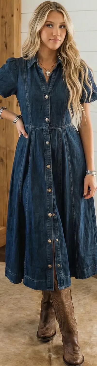 Full Buttons Bubble Sleeve Long Denim Dress Sail Blue