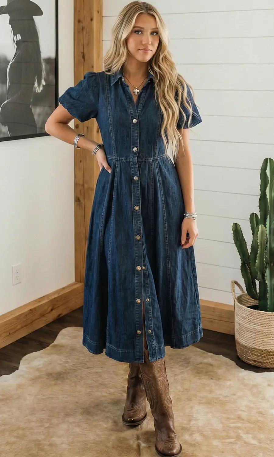 Full Buttons Bubble Sleeve Long Denim Dress Sail Blue