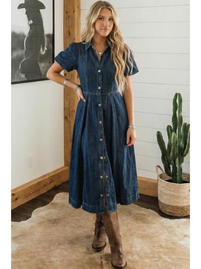 Full Buttons Bubble Sleeve Long Denim Dress Sail Blue