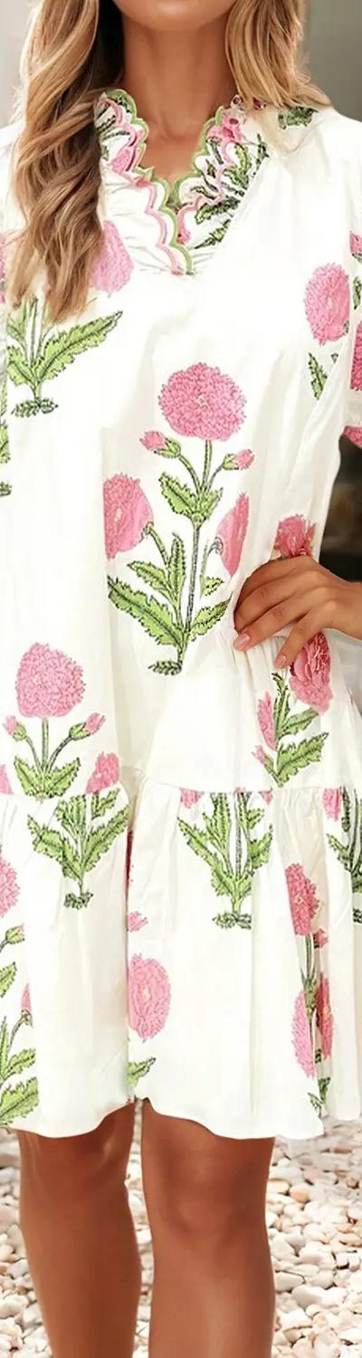 White Floral Scalloped Embroidery Trim Drop Waist Mini Dress