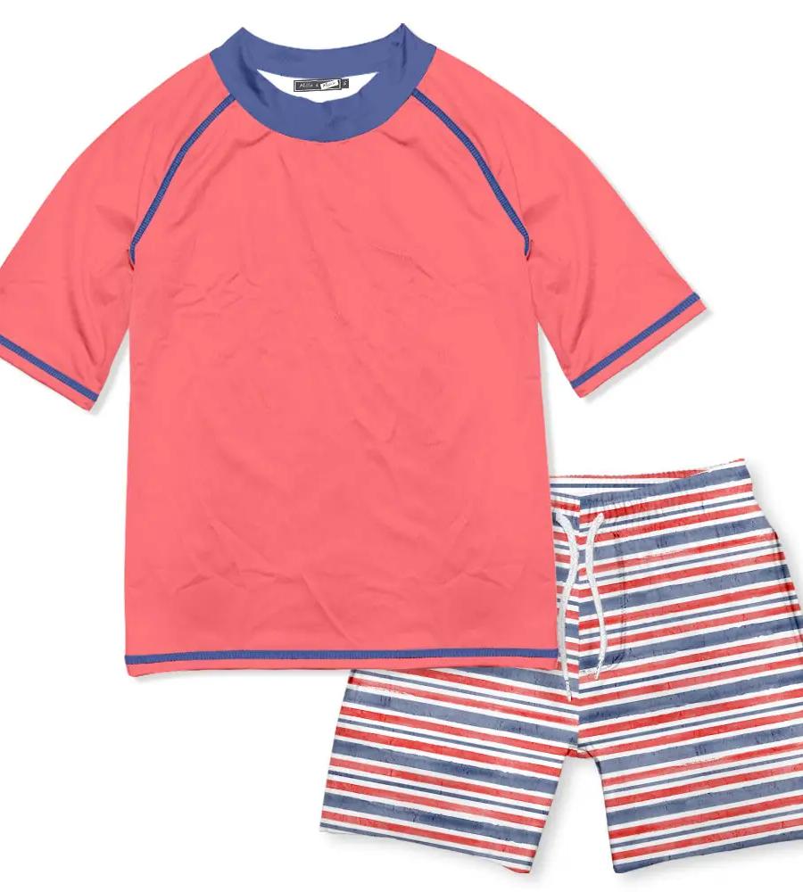 Coral Red White Blue Stripe Short Sleeve Rashguard Swim Set