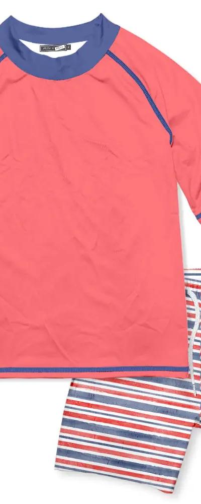Coral Red White Blue Stripe Short Sleeve Rashguard Swim Set