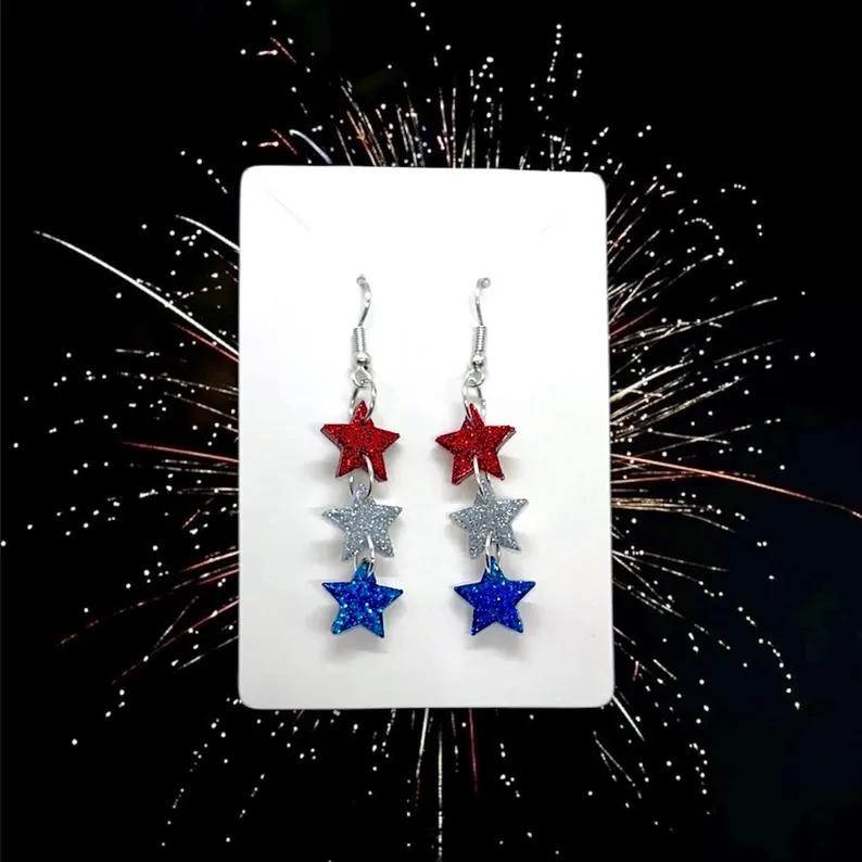 Glitter Red White & Blue Star Dangle Earrings, 4th of July Patriotic Outfit Accessories, USA America Independence Day Drop Jewelry Memorial