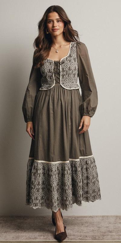 Embroidered Bodice Maxi Dress – Olive