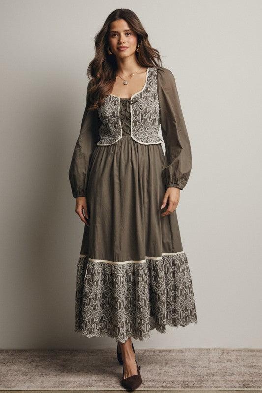 Embroidered Bodice Maxi Dress – Olive