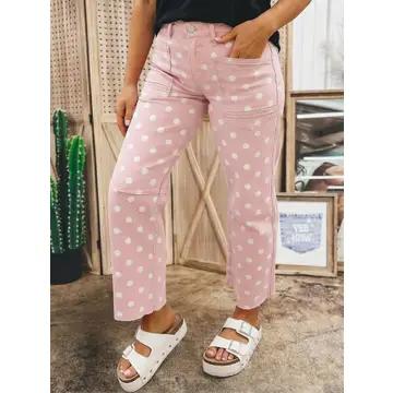 Pink Polka Dot Casual Slim Fit Jeans